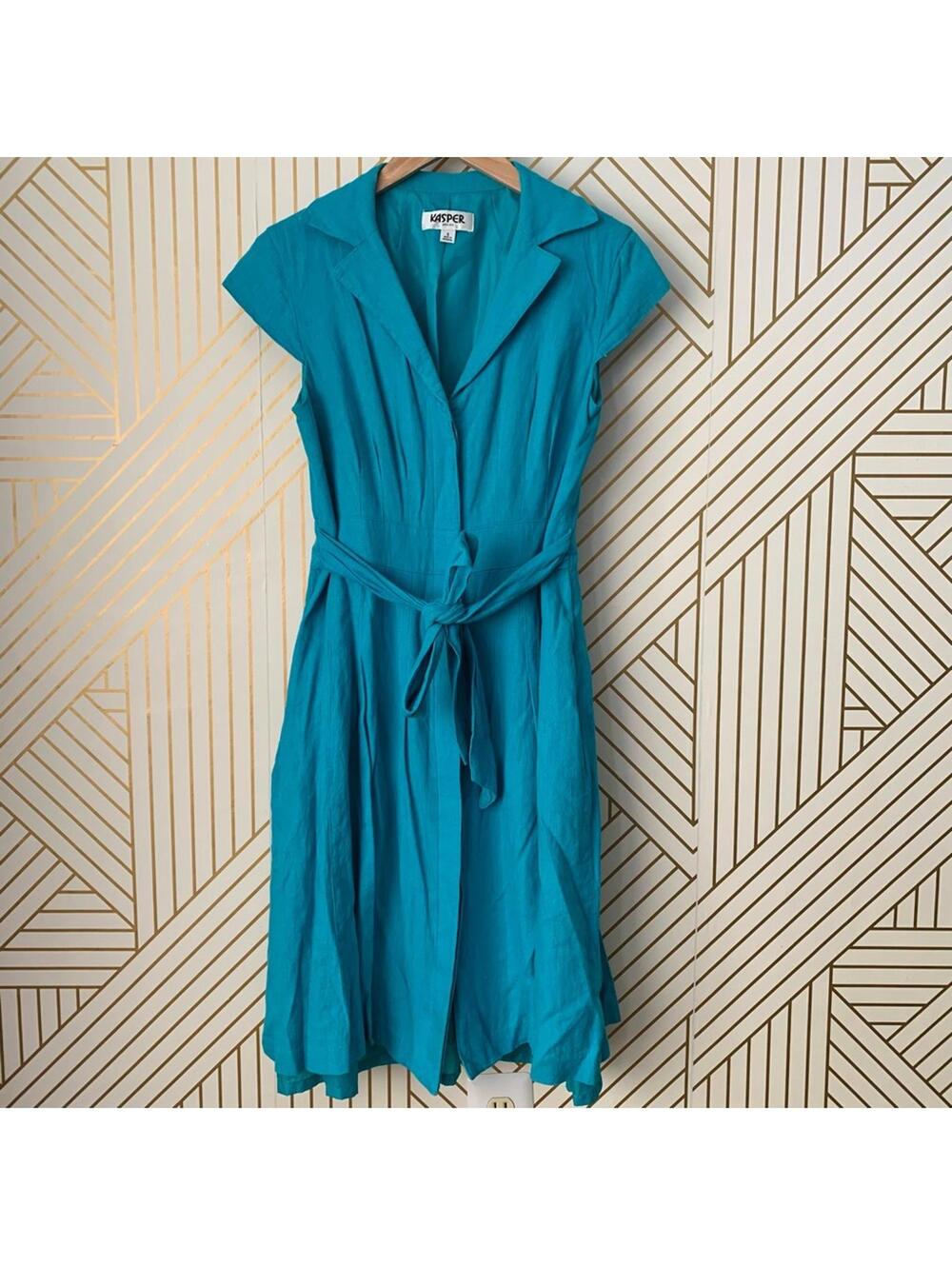 Kasper Retro Linen blend Pleated A line Dress pockets belted belt cap sleeves 6